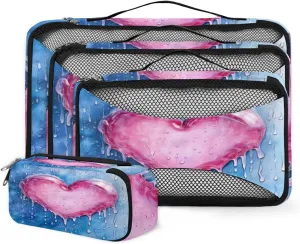 4 Set Packing Cubes for Suitcases, Travel Essentials for Carry on Luggage, Suitcase Organizers for Clothes Shoes Toiletries Travel Accessories in 4 Sizes - Pink Heart
