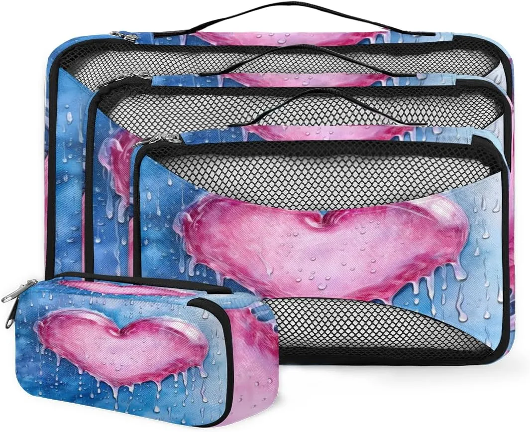 4 Set Packing Cubes for Suitcases, Travel Essentials for Carry on Luggage, Suitcase Organizers for Clothes Shoes Toiletries Travel Accessories in 4 Sizes - Pink Heart