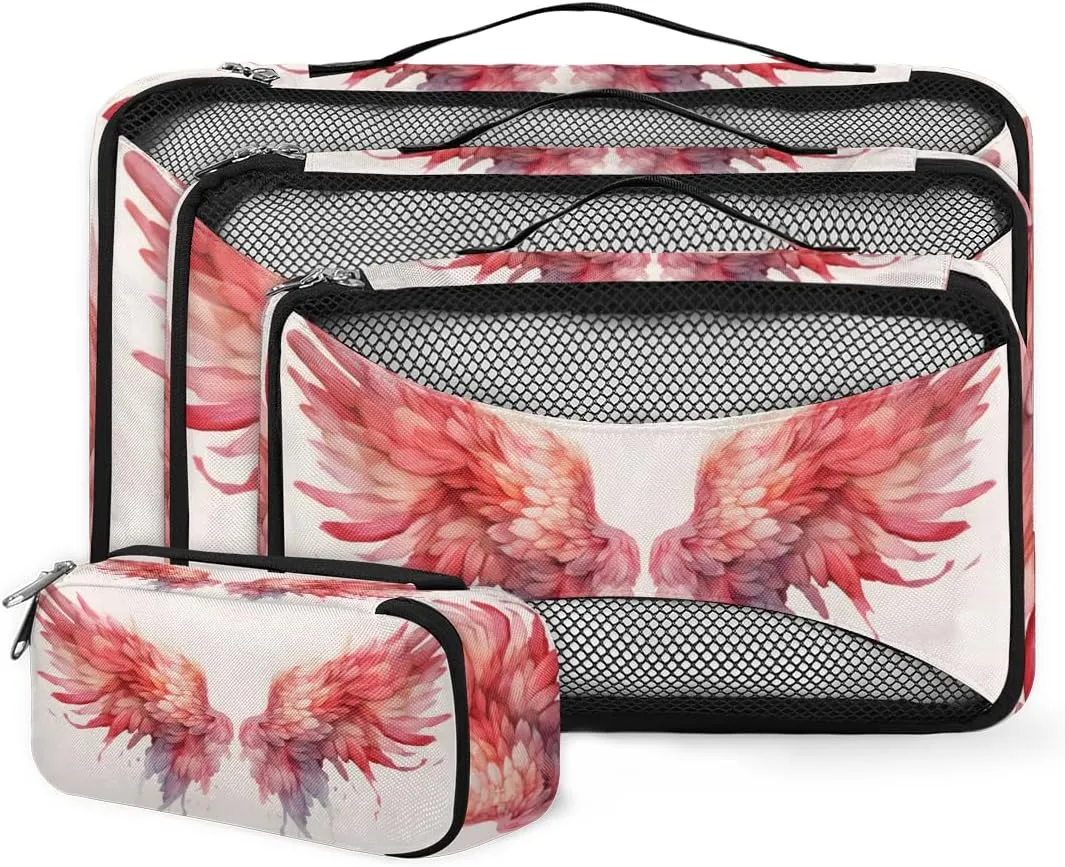4 Set Packing Cubes for Suitcases, Travel Essentials for Carry on Luggage, Suitcase Organizers for Clothes Shoes Toiletries Travel Accessories in 4 Sizes - Pink Wing