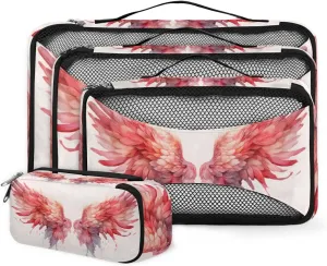 4 Set Packing Cubes for Suitcases, Travel Essentials for Carry on Luggage, Suitcase Organizers for Clothes Shoes Toiletries Travel Accessories in 4 Sizes - Pink Wing