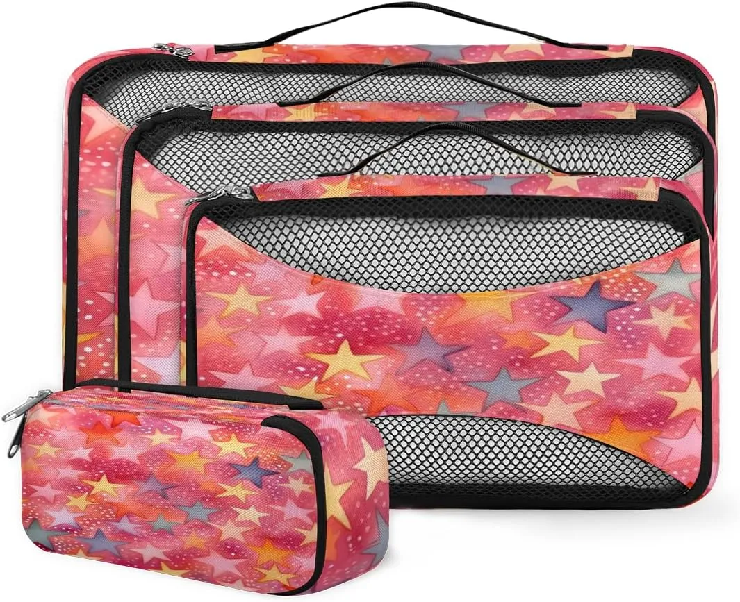 4 Set Packing Cubes for Suitcases, Travel Essentials for Carry on Luggage, Suitcase Organizers for Clothes Shoes Toiletries Travel Accessories in 4 Sizes - Rainbow Star