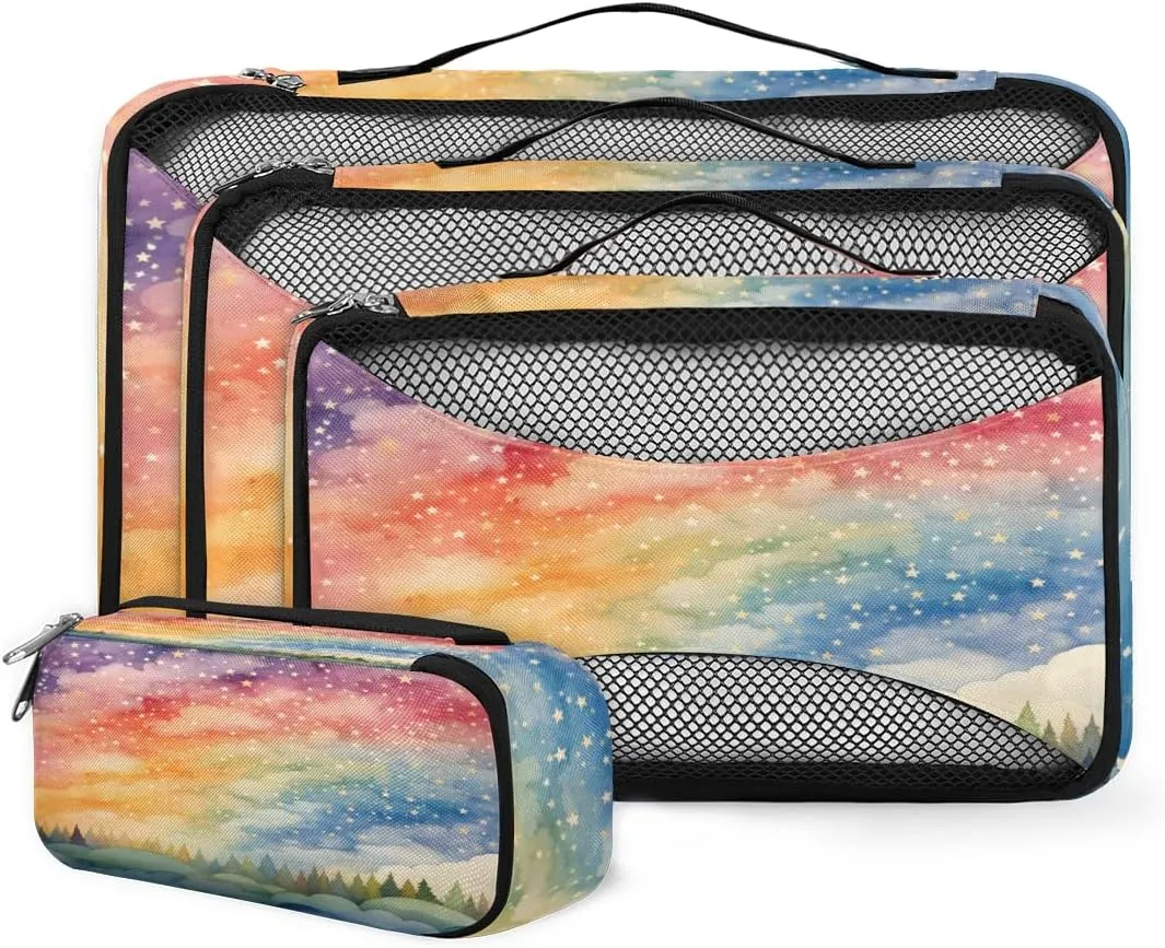 4 Set Packing Cubes for Suitcases, Travel Essentials for Carry on Luggage, Suitcase Organizers for Clothes Shoes Toiletries Travel Accessories in 4 Sizes - Rainbow Tree