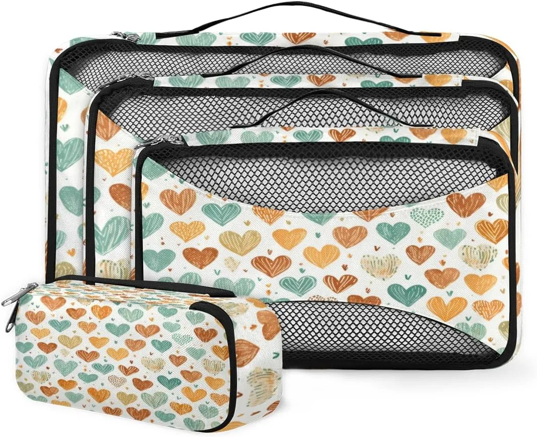 4 Set Packing Cubes for Suitcases, Travel Essentials for Carry on Luggage, Suitcase Organizers for Clothes Shoes Toiletries Travel Accessories in 4 Sizes - Retro heart
