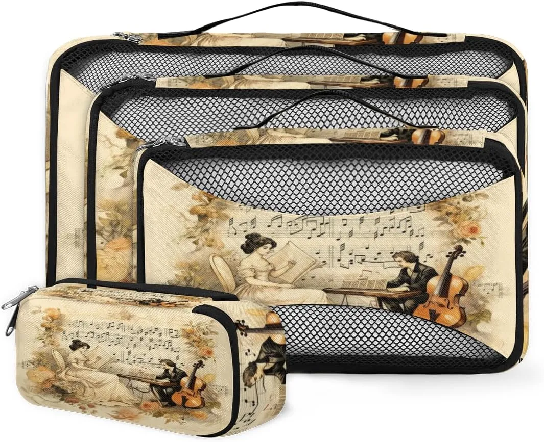 4 Set Packing Cubes for Suitcases, Travel Essentials for Carry on Luggage, Suitcase Organizers for Clothes Shoes Toiletries Travel Accessories in 4 Sizes - Retro Music