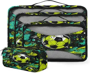 4 Set Packing Cubes for Suitcases, Travel Essentials for Carry on Luggage, Suitcase Organizers for Clothes Shoes Toiletries Travel Accessories in 4 Sizes - Soccer Painting