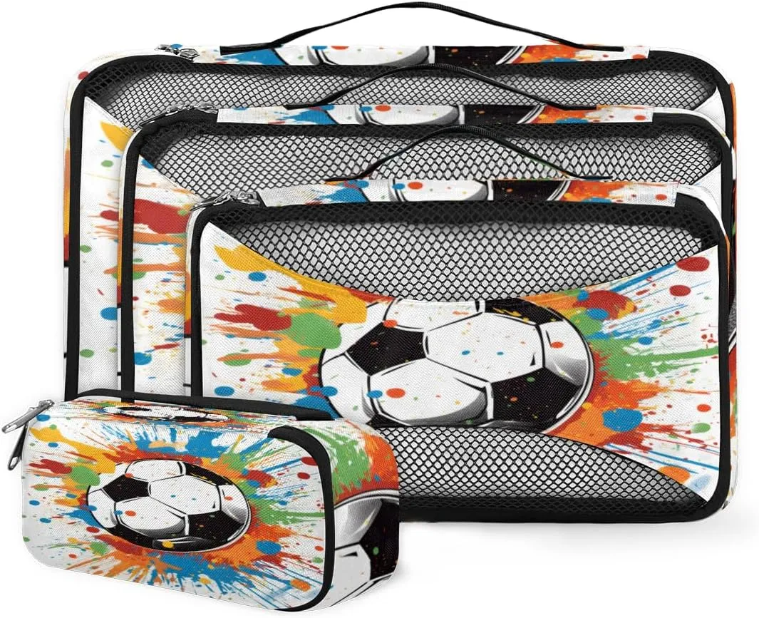 4 Set Packing Cubes for Suitcases, Travel Essentials for Carry on Luggage, Suitcase Organizers for Clothes Shoes Toiletries Travel Accessories in 4 Sizes - Sports Football
