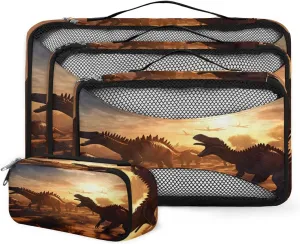 4 Set Packing Cubes for Suitcases, Travel Essentials for Carry on Luggage, Suitcase Organizers for Clothes Shoes Toiletries Travel Accessories in 4 Sizes - Sunset Dinosaur