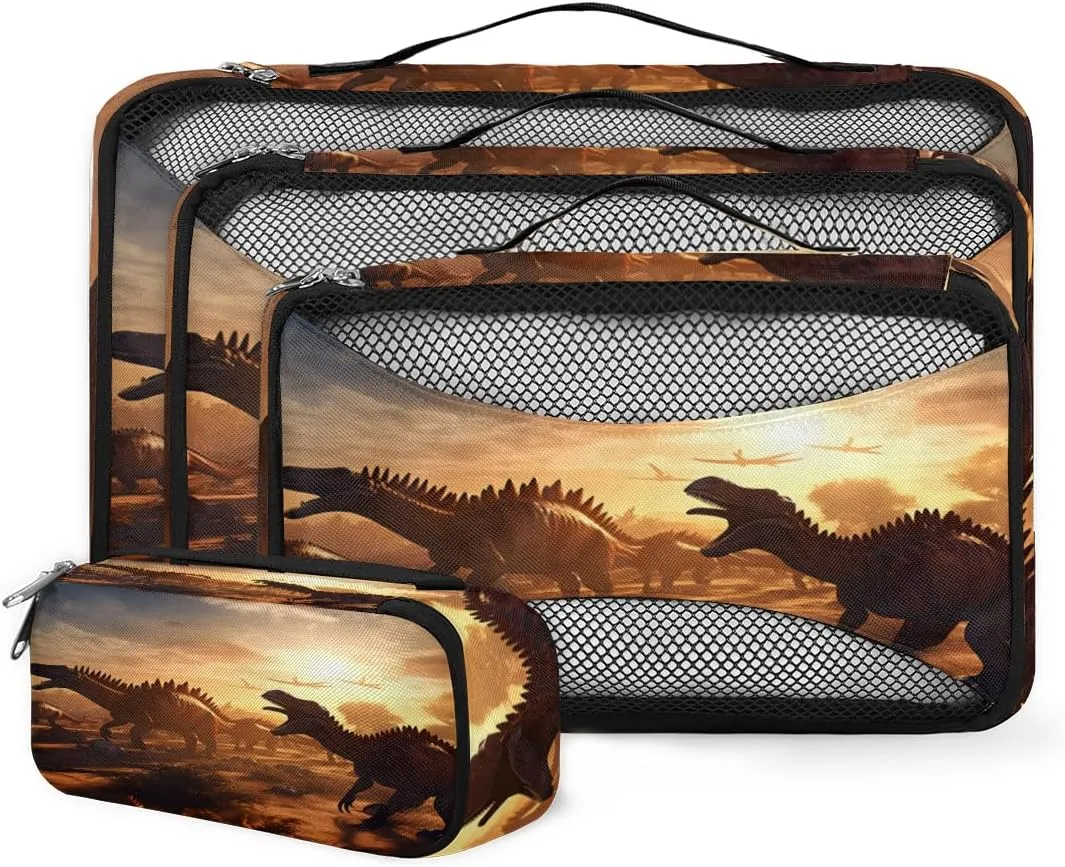 4 Set Packing Cubes for Suitcases, Travel Essentials for Carry on Luggage, Suitcase Organizers for Clothes Shoes Toiletries Travel Accessories in 4 Sizes - Sunset Dinosaur