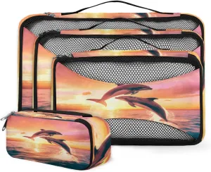 4 Set Packing Cubes for Suitcases, Travel Essentials for Carry on Luggage, Suitcase Organizers for Clothes Shoes Toiletries Travel Accessories in 4 Sizes - Sunset Dolphin
