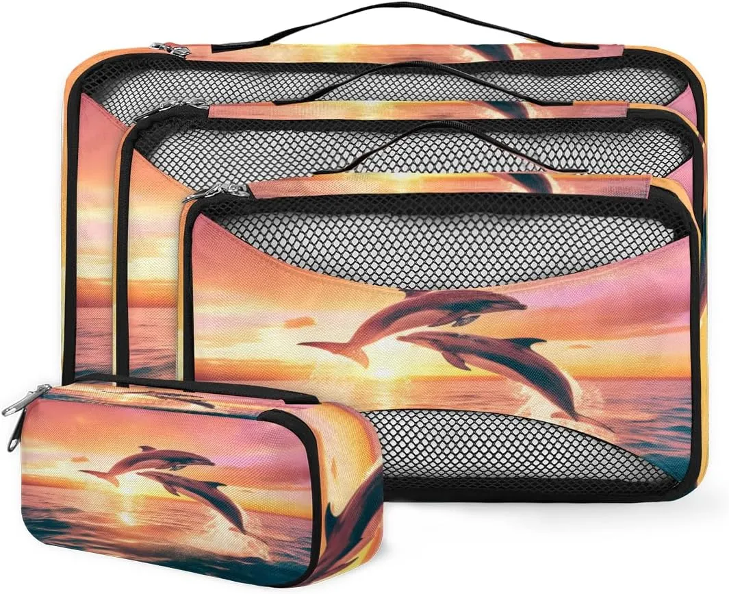 4 Set Packing Cubes for Suitcases, Travel Essentials for Carry on Luggage, Suitcase Organizers for Clothes Shoes Toiletries Travel Accessories in 4 Sizes - Sunset Dolphin