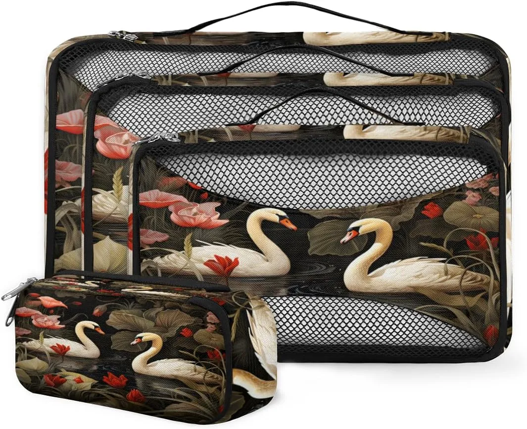 4 Set Packing Cubes for Suitcases, Travel Essentials for Carry on Luggage, Suitcase Organizers for Clothes Shoes Toiletries Travel Accessories in 4 Sizes - Swan Lotus