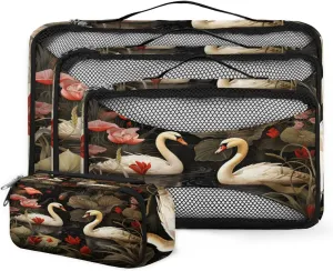 4 Set Packing Cubes for Suitcases, Travel Essentials for Carry on Luggage, Suitcase Organizers for Clothes Shoes Toiletries Travel Accessories in 4 Sizes - Swan Lotus
