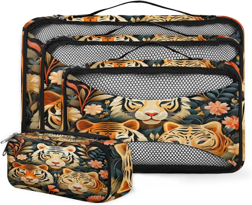4 Set Packing Cubes for Suitcases, Travel Essentials for Carry on Luggage, Suitcase Organizers for Clothes Shoes Toiletries Travel Accessories in 4 Sizes - Tigers