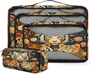 4 Set Packing Cubes for Suitcases, Travel Essentials for Carry on Luggage, Suitcase Organizers for Clothes Shoes Toiletries Travel Accessories in 4 Sizes - Tigers