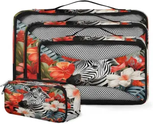 4 Set Packing Cubes for Suitcases, Travel Essentials for Carry on Luggage, Suitcase Organizers for Clothes Shoes Toiletries Travel Accessories in 4 Sizes - Zebra Flowers