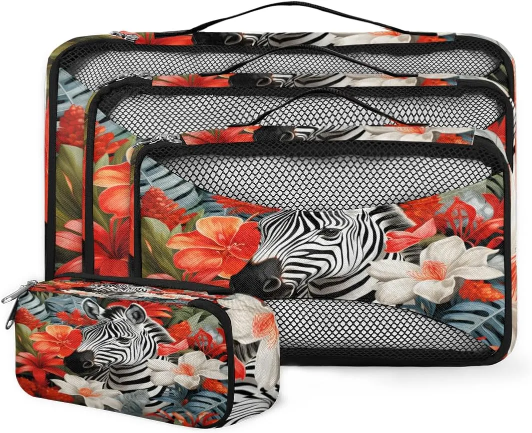 4 Set Packing Cubes for Suitcases, Travel Essentials for Carry on Luggage, Suitcase Organizers for Clothes Shoes Toiletries Travel Accessories in 4 Sizes - Zebra Flowers