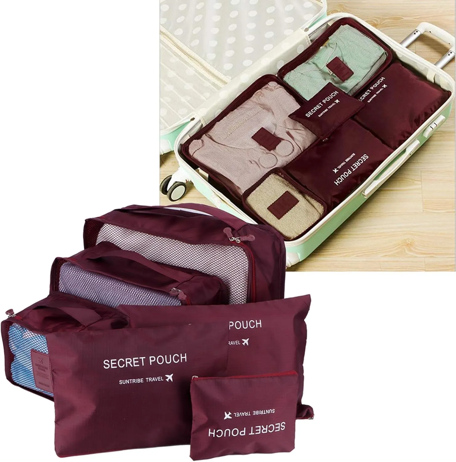 6pcs Luggage Organizer Bags, Nylon Cloth Packing Cubes for Travel Travel Organizer Bags Travel Compression Bags Traveling Bags for Women, Travel (Wine Red)