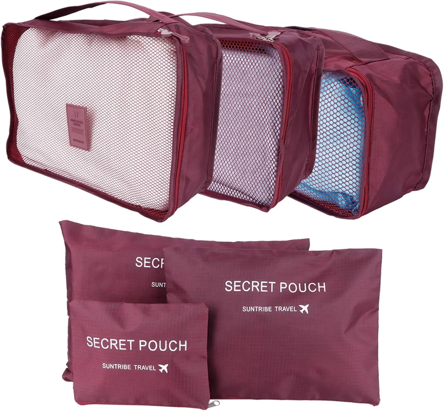 6pcs Luggage Organizer Bags, Nylon Cloth Packing Cubes for Travel Travel Organizer Bags Travel Compression Bags Traveling Bags for Women, Travel (Wine Red)