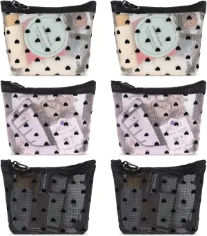 6Pcs Mini Mesh Makeup Bag Set, Heart Print Mesh Cosmetic Bag for Women Lipstick, Small Pouches for Purse with Zipper, Portable Mini Storage Bag for Travel Toiletry Make up Brush (3Colors)