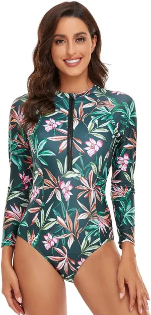ABAFIP Women's Long Sleeve Rash Guard Bathing Suit Zip up One Piece Swimsuits Modest Surfing Swimwear