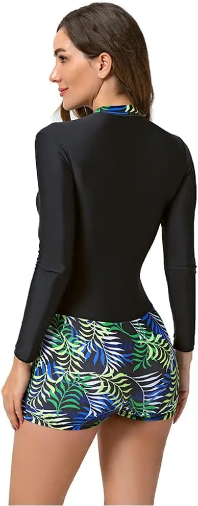 ABOCIW Womens One Piece Long Sleeve Swimsuit Rash Guard Bathing Suit Boyleg Bottom UPF 50  Surfing Swimwear