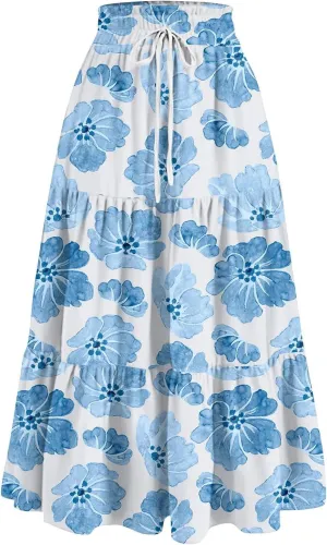 ADHOWBEW Boho Skirts for Women Cute Casual A Line Trendy High Waisted Flowy Midi Length Plus Size Ruffle Beach Spring Skirts