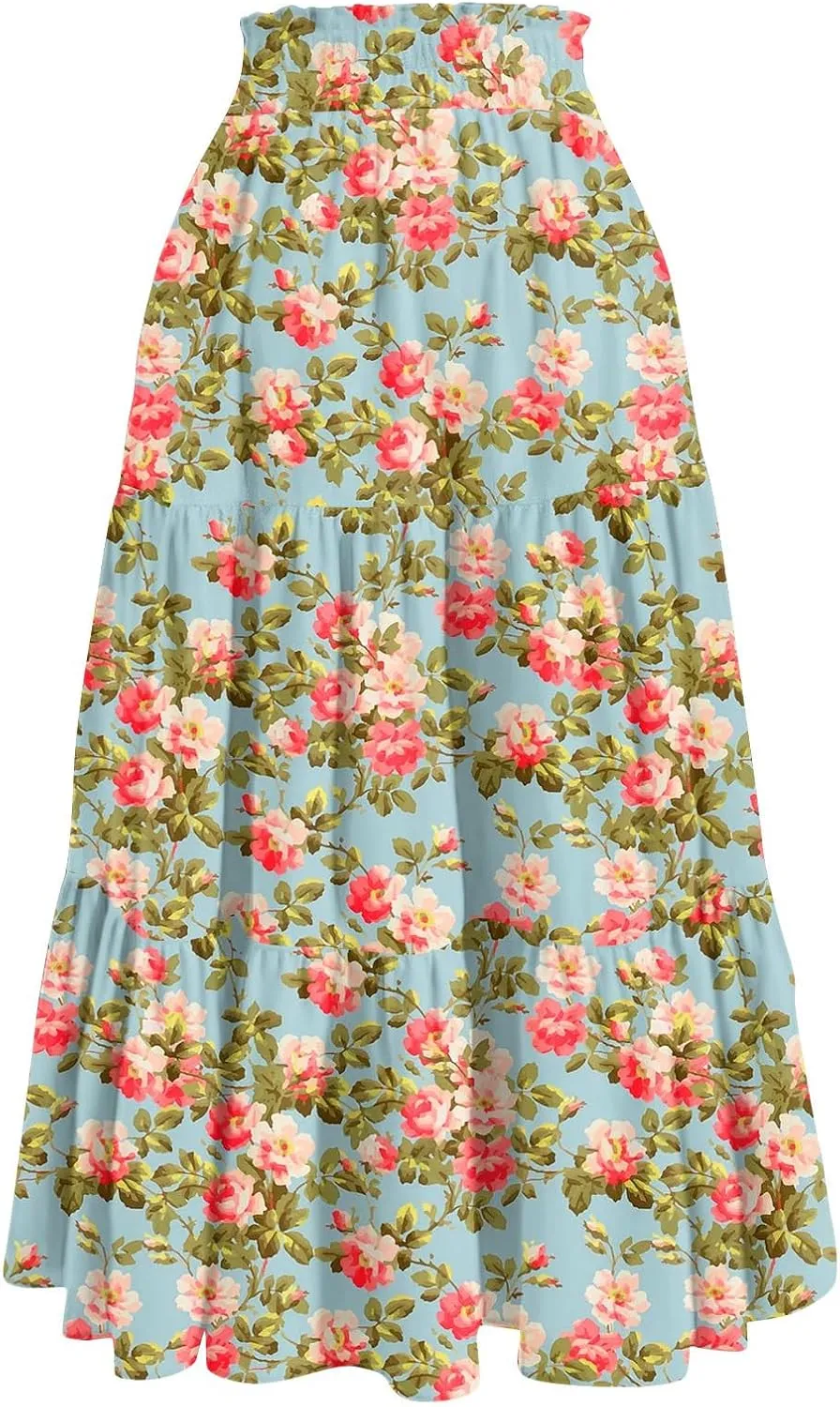 ADHOWBEW Boho Skirts for Women Cute Casual A Line Trendy High Waisted Flowy Midi Length Plus Size Ruffle Beach Spring Skirts