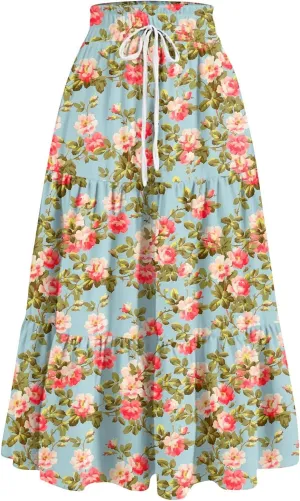 ADHOWBEW Boho Skirts for Women Cute Casual A Line Trendy High Waisted Flowy Midi Length Plus Size Ruffle Beach Spring Skirts