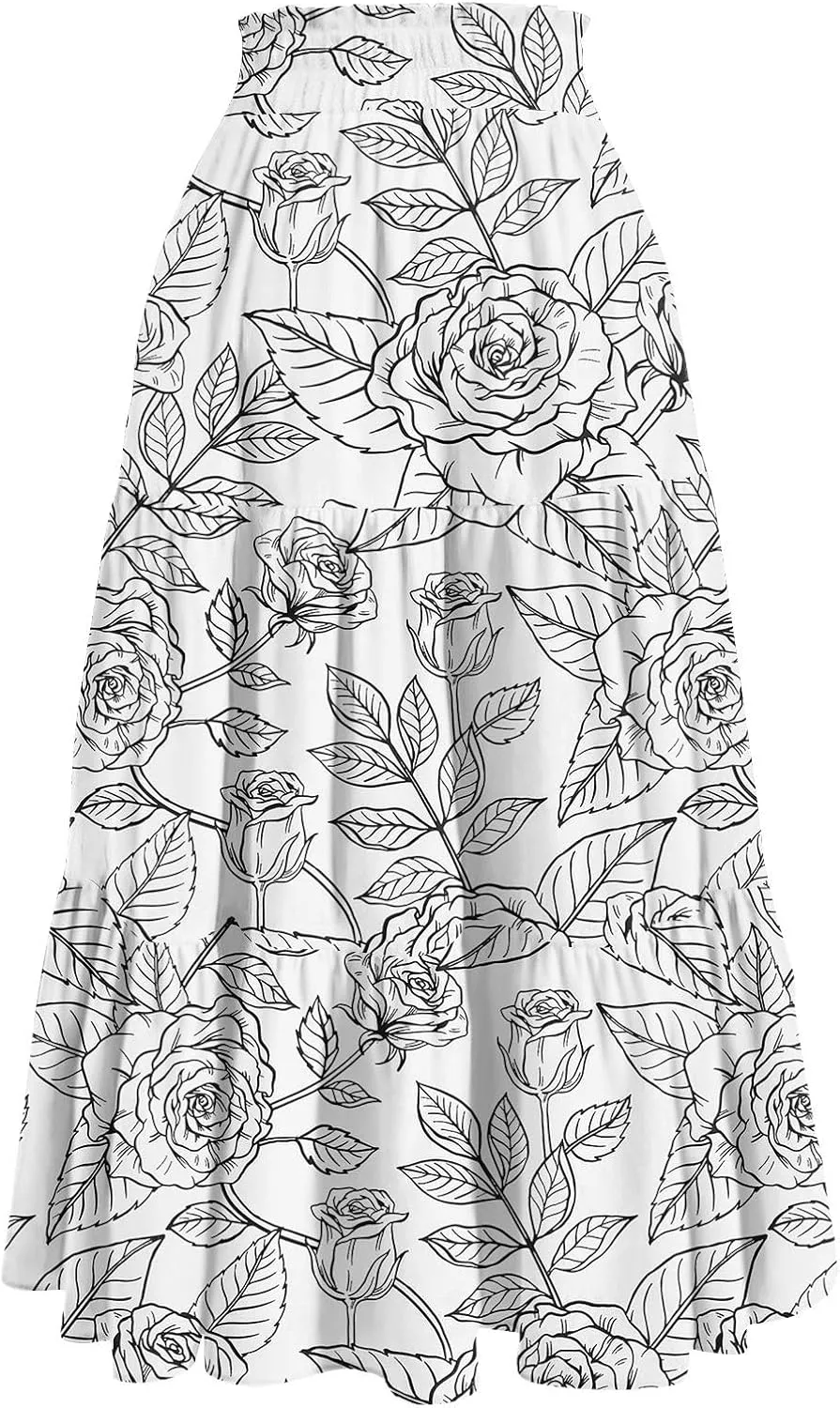 ADHOWBEW Boho Skirts for Women Cute Casual A Line Trendy High Waisted Flowy Midi Length Plus Size Ruffle Beach Spring Skirts