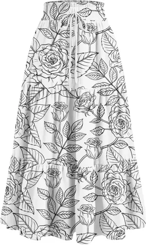 ADHOWBEW Boho Skirts for Women Cute Casual A Line Trendy High Waisted Flowy Midi Length Plus Size Ruffle Beach Spring Skirts