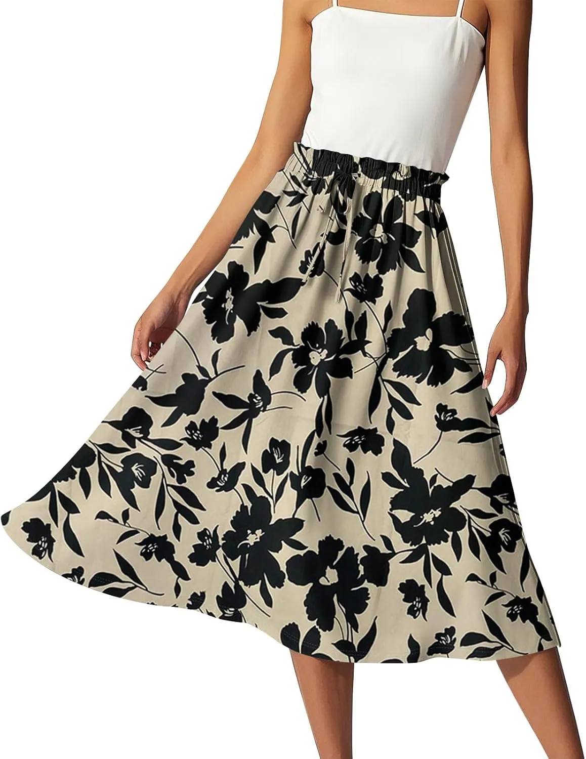 ADHOWBEW Boho Skirts for Women Midi Length Ruffle Cute Flowy High Waisted Trendy Beach Casual A Line Plus Size Spring Skirts