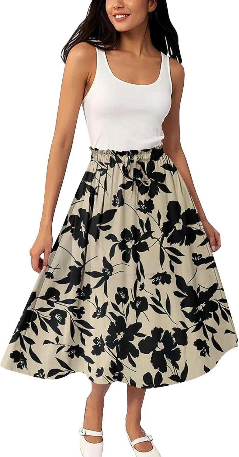 ADHOWBEW Boho Skirts for Women Midi Length Ruffle Cute Flowy High Waisted Trendy Beach Casual A Line Plus Size Spring Skirts