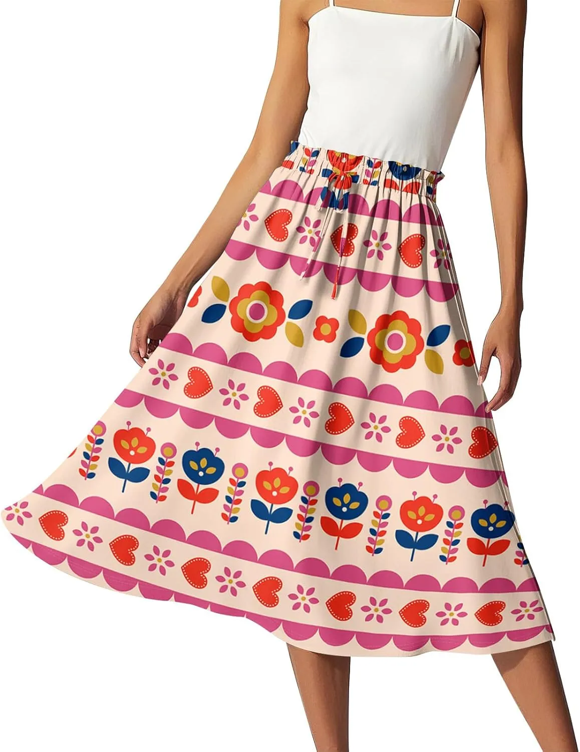 ADHOWBEW Boho Skirts for Women Midi Length Ruffle Cute Flowy High Waisted Trendy Beach Casual A Line Plus Size Spring Skirts