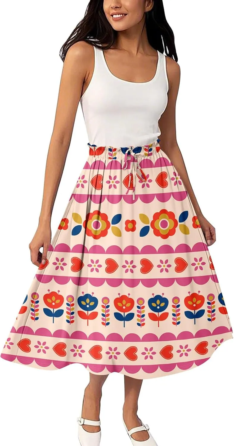 ADHOWBEW Boho Skirts for Women Midi Length Ruffle Cute Flowy High Waisted Trendy Beach Casual A Line Plus Size Spring Skirts