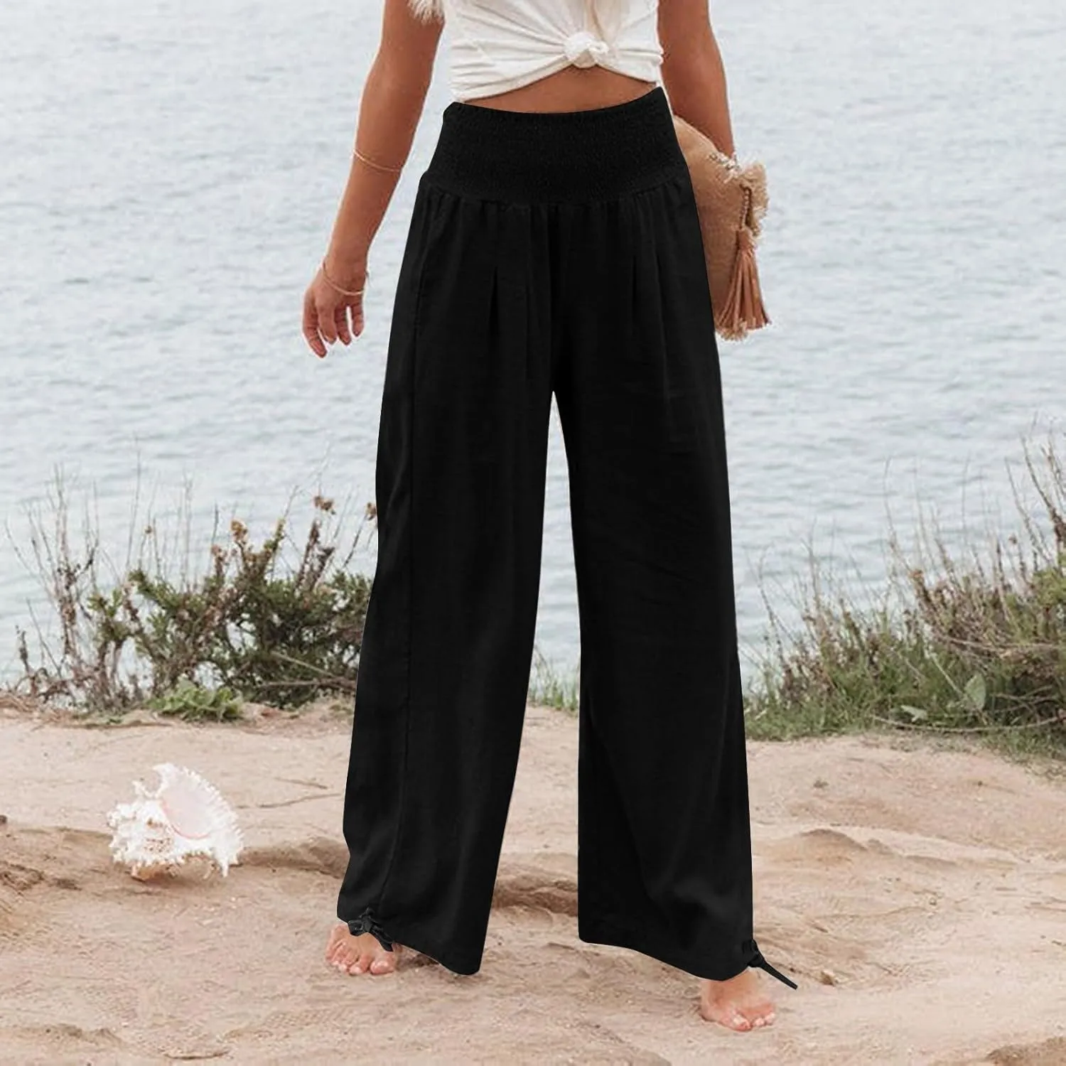 ADHOWBEW Linen Pants Womens Trendy Relaxed Fit Spring 2025 Comfy Work Dressy Elastic Waist Flowy Vacation Casual Trousers