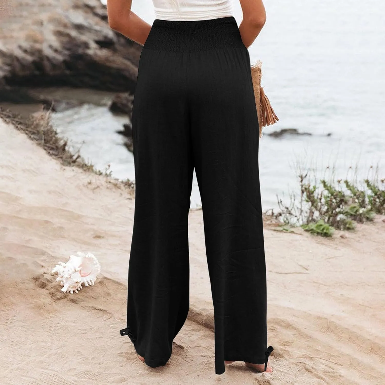 ADHOWBEW Linen Pants Womens Trendy Relaxed Fit Spring 2025 Comfy Work Dressy Elastic Waist Flowy Vacation Casual Trousers