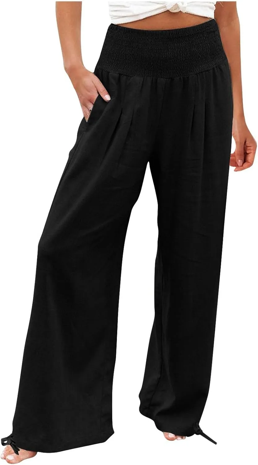 ADHOWBEW Linen Pants Womens Trendy Relaxed Fit Spring 2025 Comfy Work Dressy Elastic Waist Flowy Vacation Casual Trousers