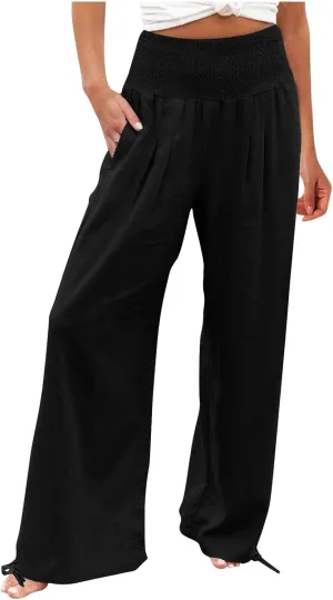 ADHOWBEW Linen Pants Womens Trendy Relaxed Fit Spring 2025 Comfy Work Dressy Elastic Waist Flowy Vacation Casual Trousers