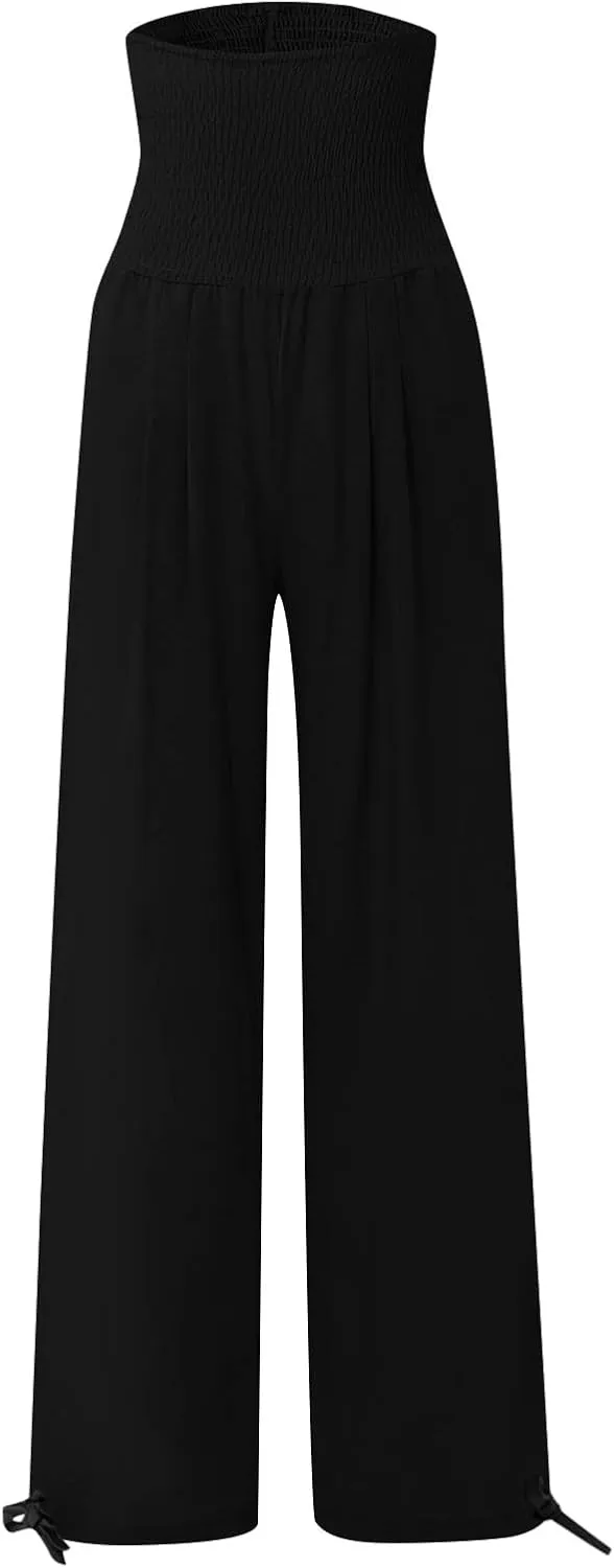 ADHOWBEW Linen Pants Womens Trendy Relaxed Fit Spring 2025 Comfy Work Dressy Elastic Waist Flowy Vacation Casual Trousers