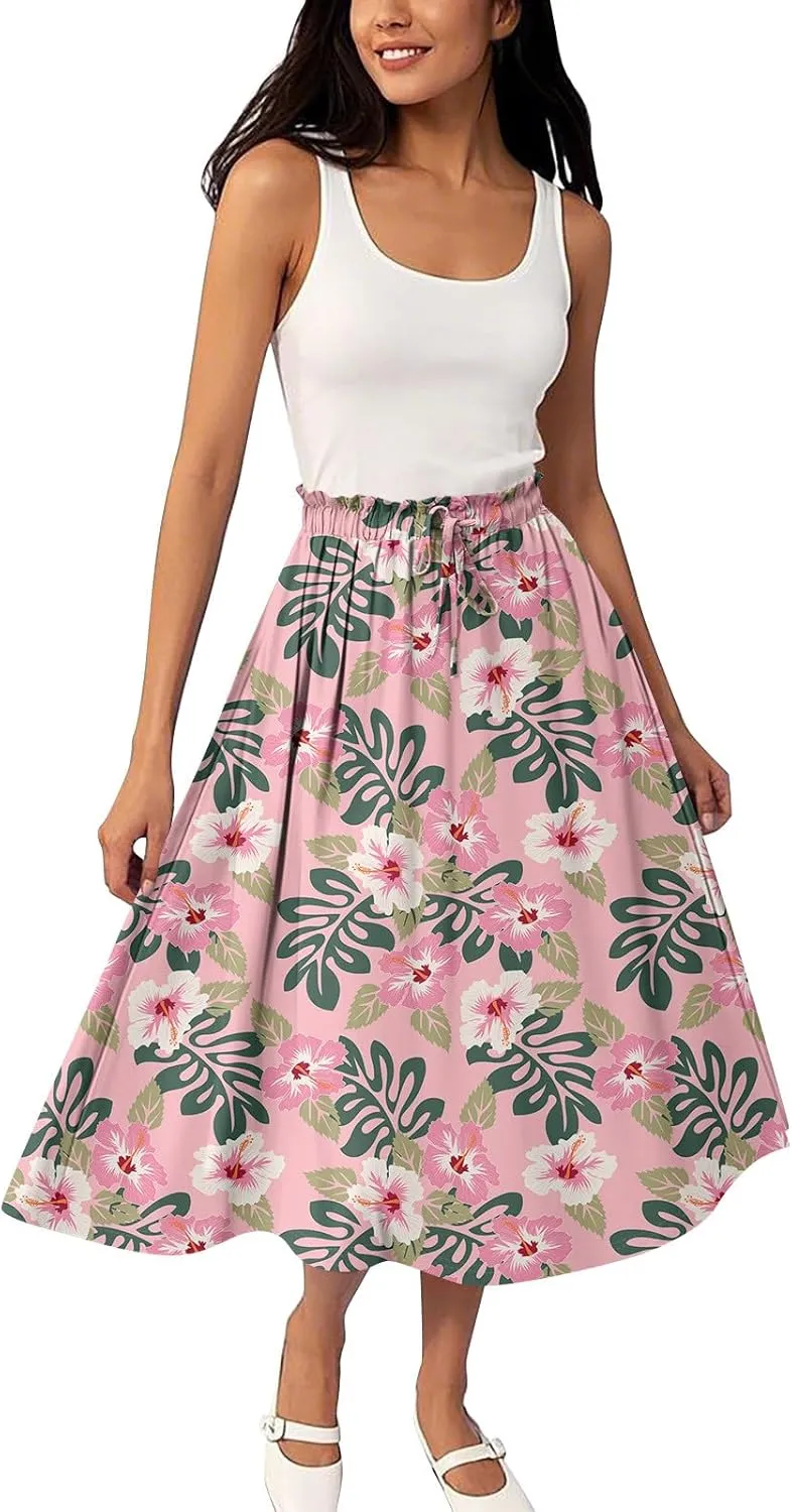 ADHOWBEW Pleated Skirts for Women Trendy Plus Size Flowy Beach Ruffle A Line Midi Length High Waisted Casual Summer Skirts