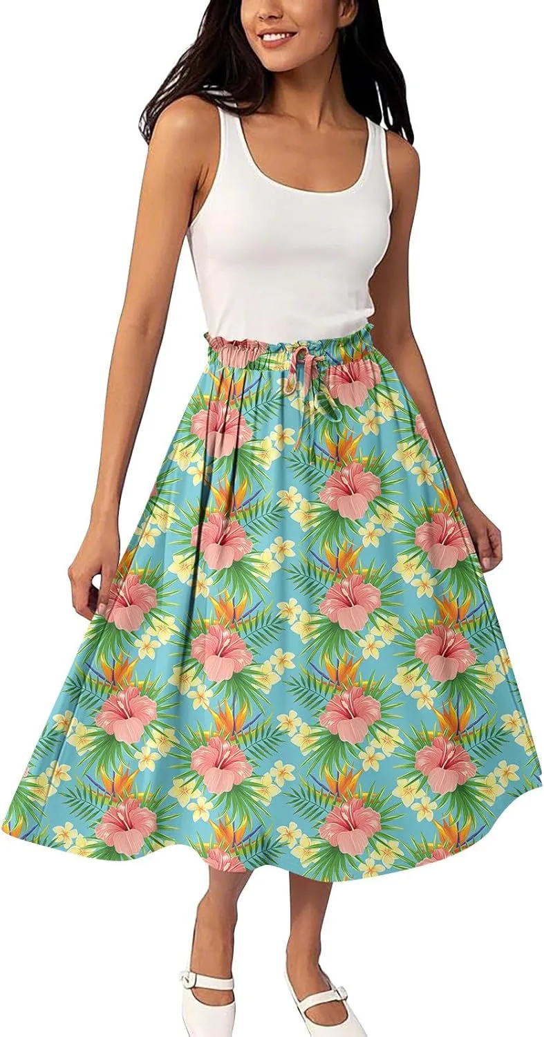 ADHOWBEW Pleated Skirts for Women Trendy Plus Size Flowy Beach Ruffle A Line Midi Length High Waisted Casual Summer Skirts