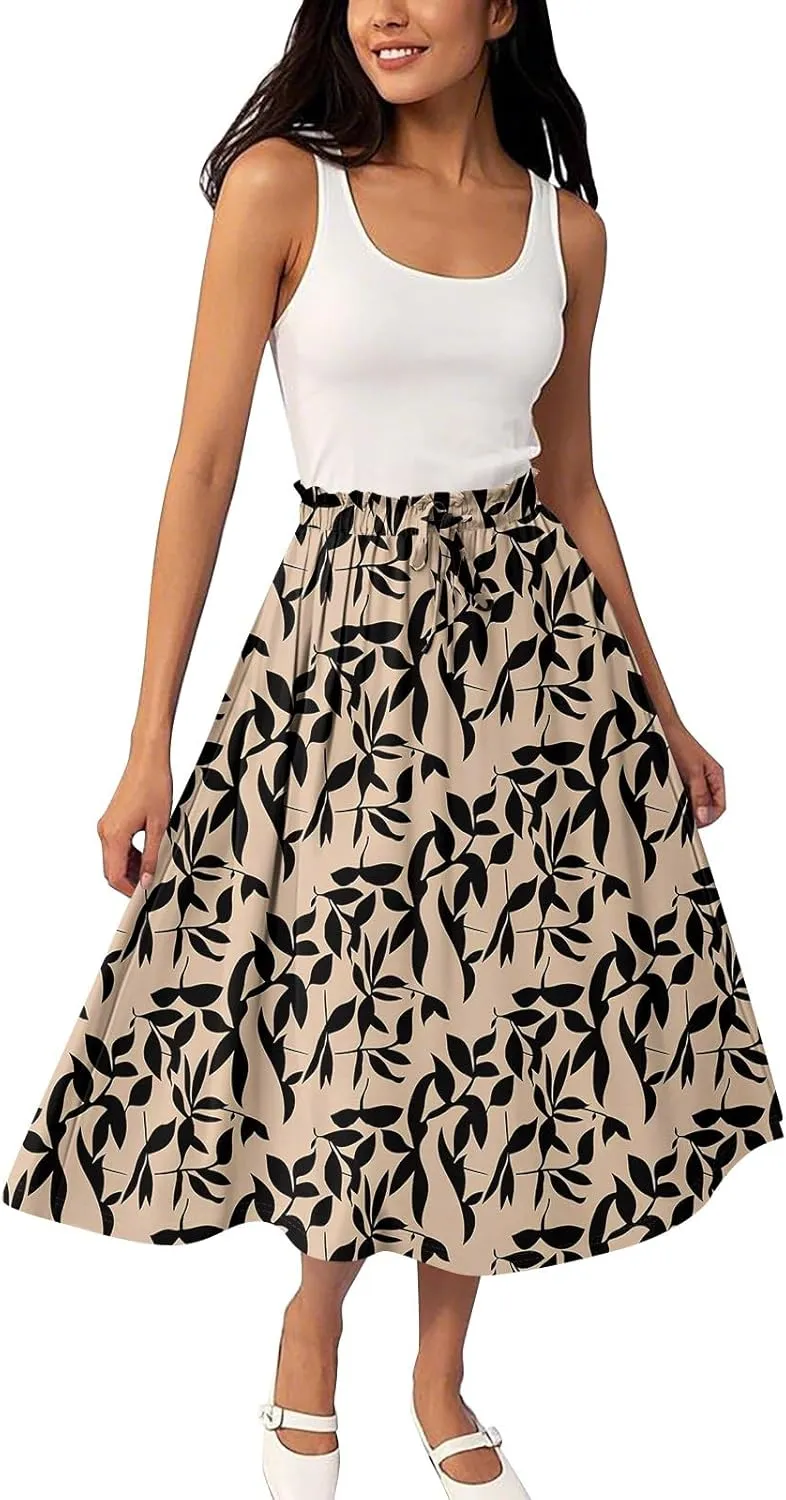 ADHOWBEW Womens Floral Maxi Skirt Summer Casual Smocked Sexy Elastic Waist Trendy Cotton Flowy Skirts