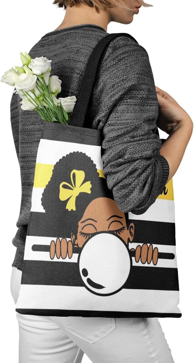 Afro Girl Striped Teal Canvas Tote Bag Aesthetic Reusable Grocery Shopping Bags Shoulder Bag Book Tote Gifts