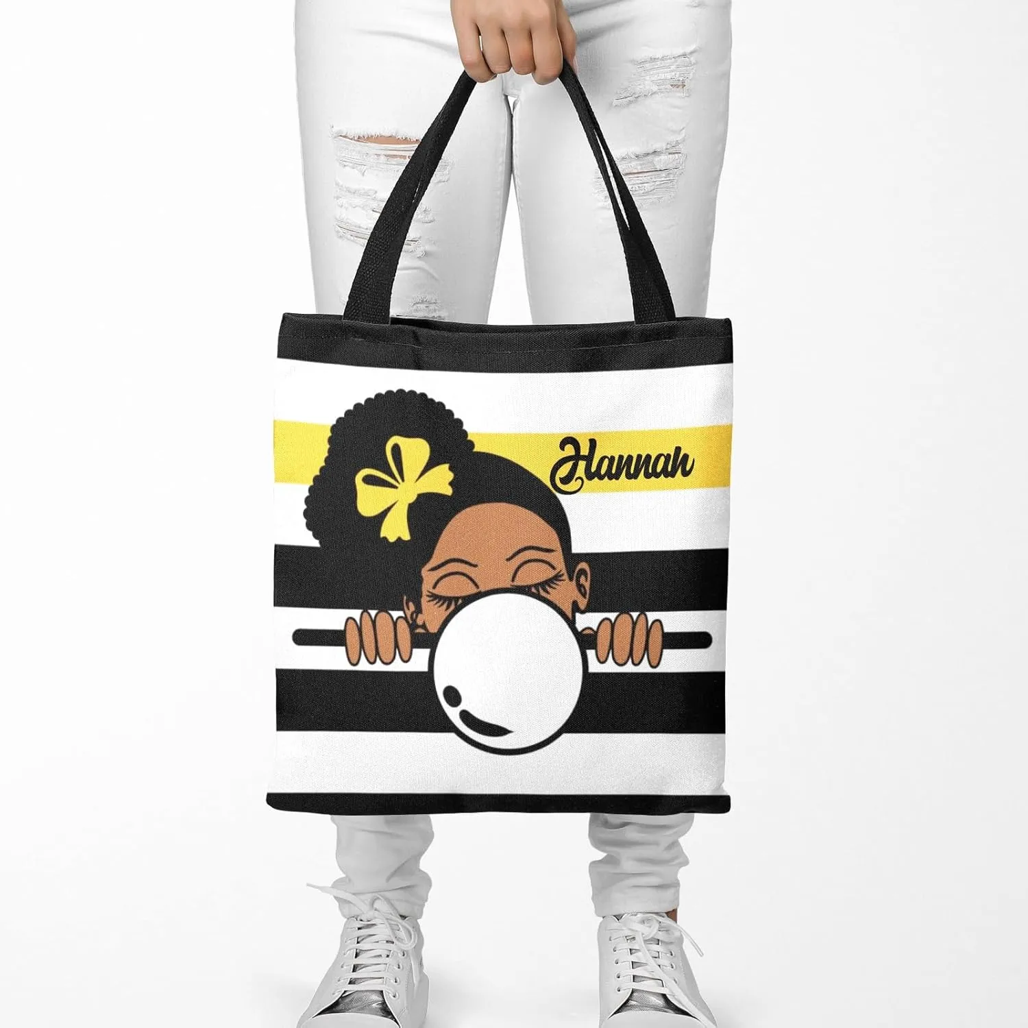 Afro Girl Striped Teal Canvas Tote Bag Aesthetic Reusable Grocery Shopping Bags Shoulder Bag Book Tote Gifts