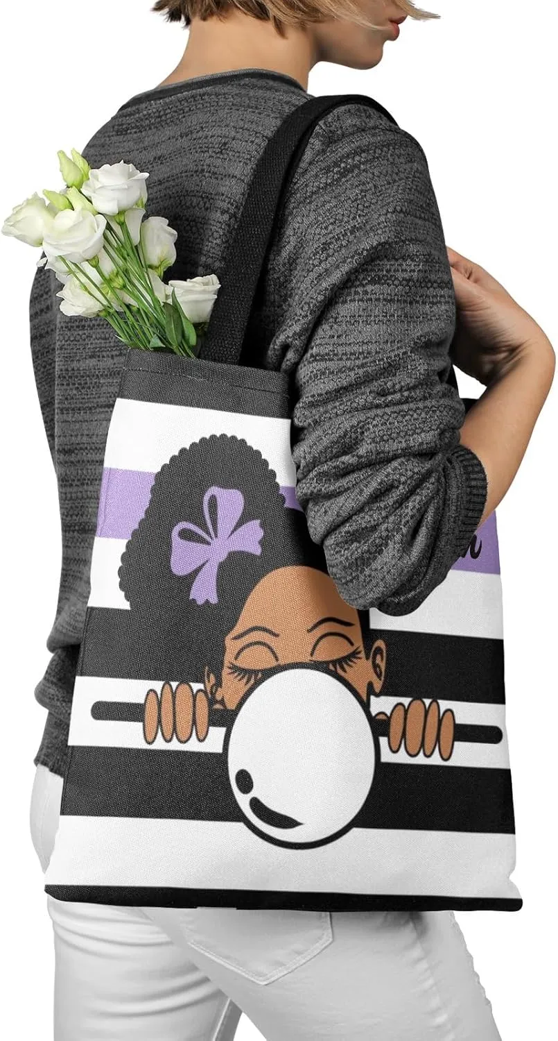 Afro Girl Striped Teal Canvas Tote Bag Aesthetic Reusable Grocery Shopping Bags Shoulder Bag Book Tote Gifts
