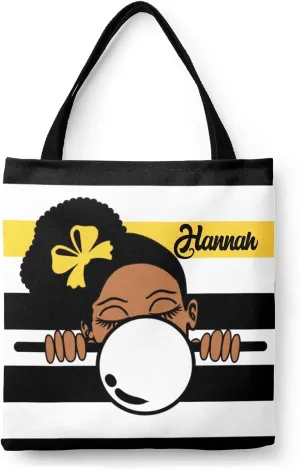 Afro Girl Striped Teal Canvas Tote Bag Aesthetic Reusable Grocery Shopping Bags Shoulder Bag Book Tote Gifts