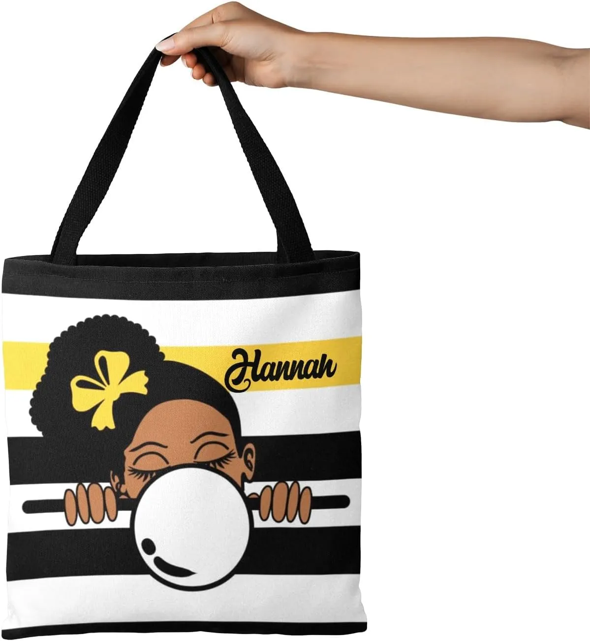 Afro Girl Striped Teal Canvas Tote Bag Aesthetic Reusable Grocery Shopping Bags Shoulder Bag Book Tote Gifts