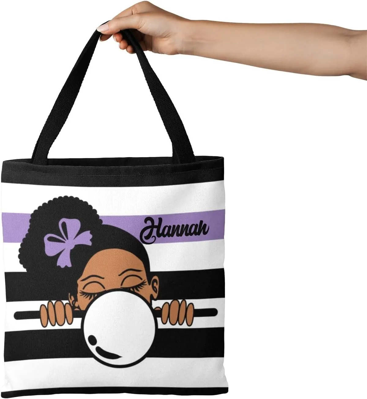 Afro Girl Striped Teal Canvas Tote Bag Aesthetic Reusable Grocery Shopping Bags Shoulder Bag Book Tote Gifts