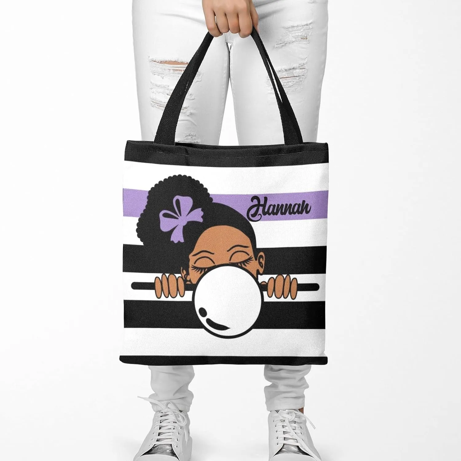 Afro Girl Striped Teal Canvas Tote Bag Aesthetic Reusable Grocery Shopping Bags Shoulder Bag Book Tote Gifts
