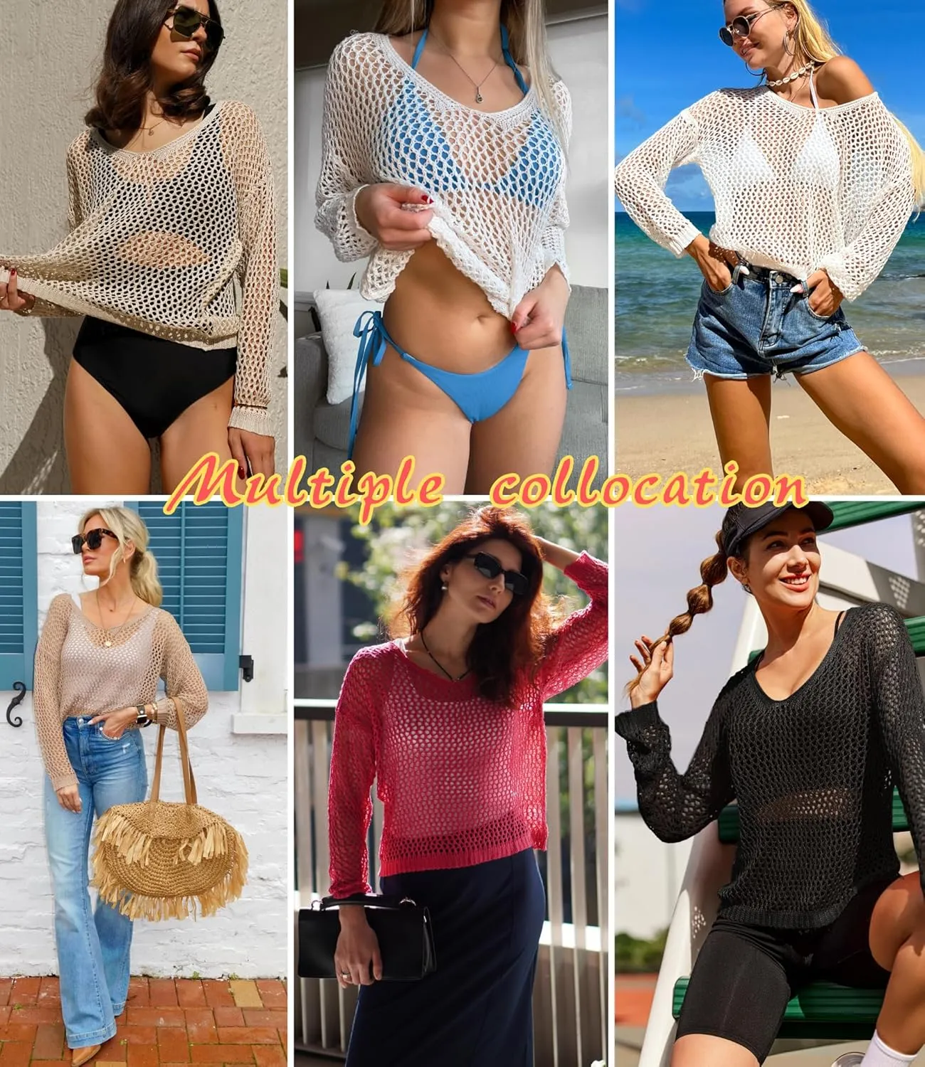 AI'MAGE Womens Crochet Tops Long Sleeve Hollow Out Swim Cover Up 2025 Beach Bikini Swimsuit Summer Tunic Top